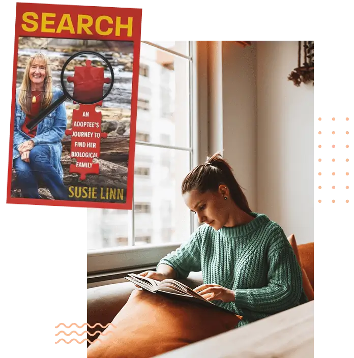 Woman reading a book by the window with a "SEARCH" poster behind her.