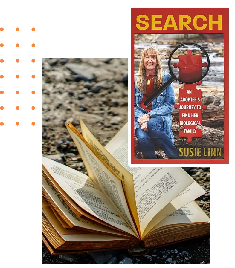 Open book with a fishing-themed novel and fishing rods in the background.